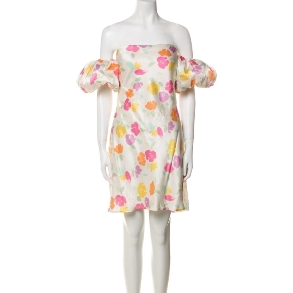 For Love & Lemons Ivory Floral Puff-Sleeve Mini Dress in Pink, Yellow & Orange